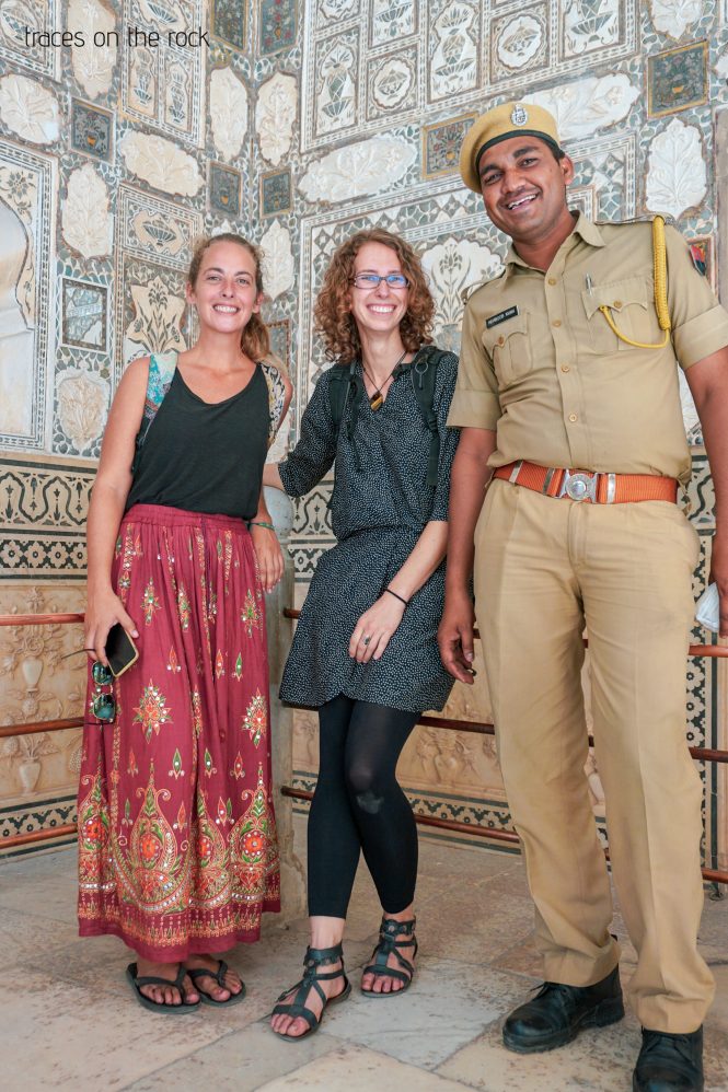Maria, a guard and me posing in the Sheesh Mahal (Glass Palace) at Amer Fort Maria, a guard and me posing in the Sheesh Mahal (Glass Palace) at Amer Fort