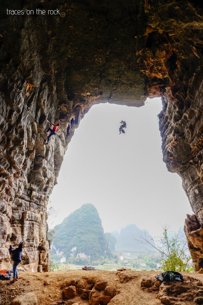 Climbing in the Treasure Cave in Yangshuo Climbing in the Treasure Cave in Yangshuo